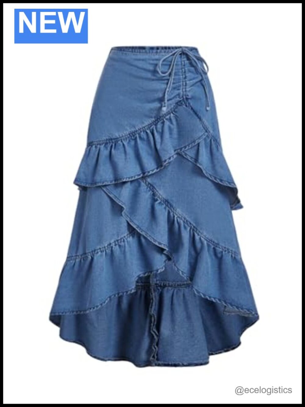 Plus Size Asymmetrical Ruffle Denim Midi Skirt High Waist Y2K Tiered